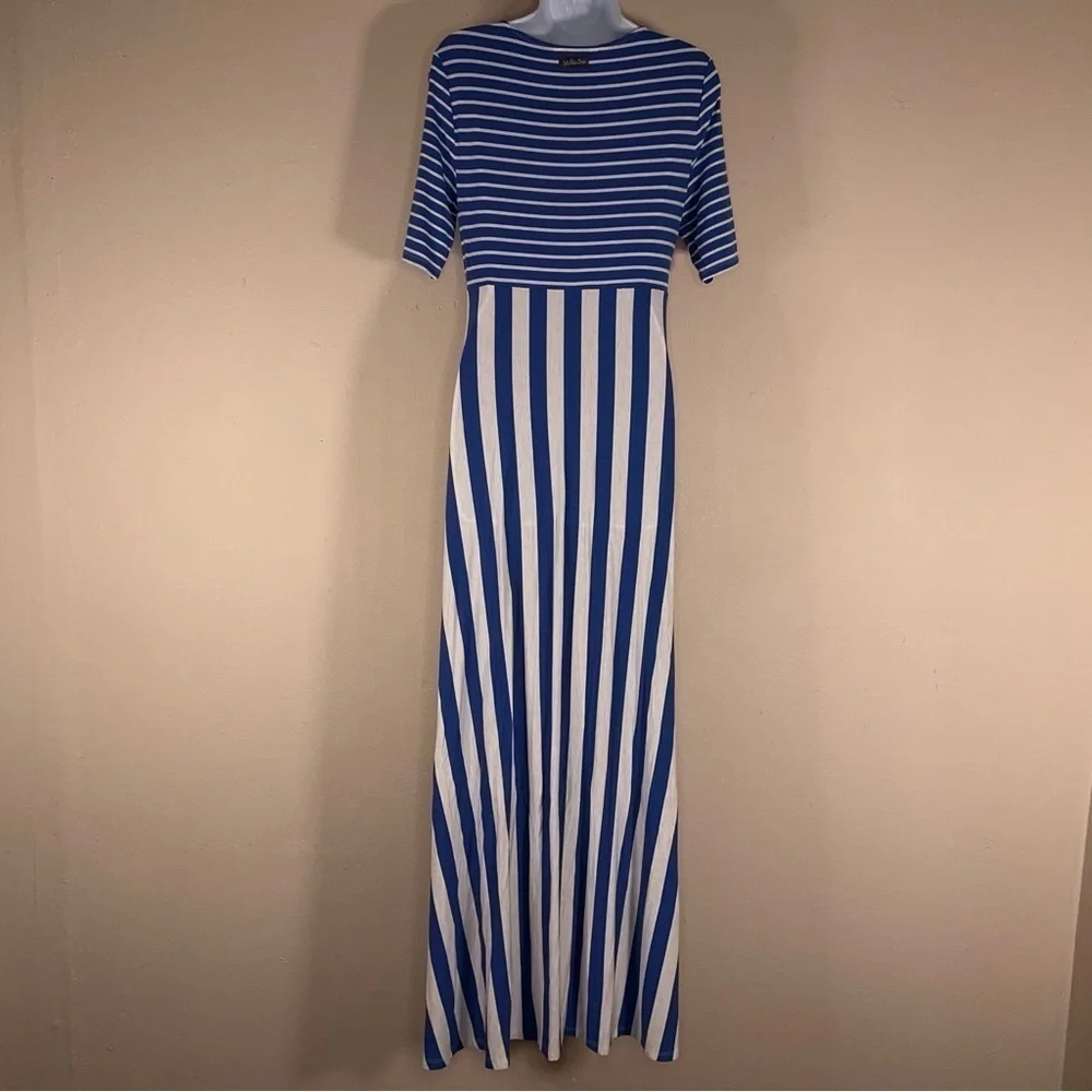 SMALL MATILDA JANE BLUE WHITE STRIPED DRESS STRETCH MAXI 3/4 Sleeve